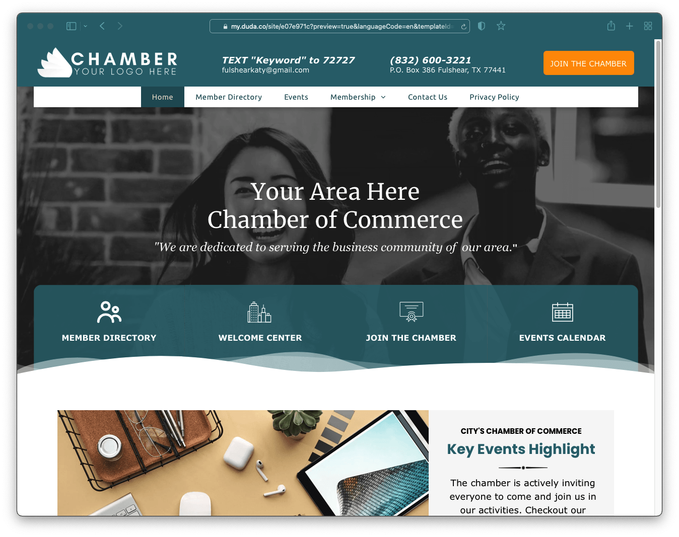 The website for the chamber of commerce is displayed on a computer screen.