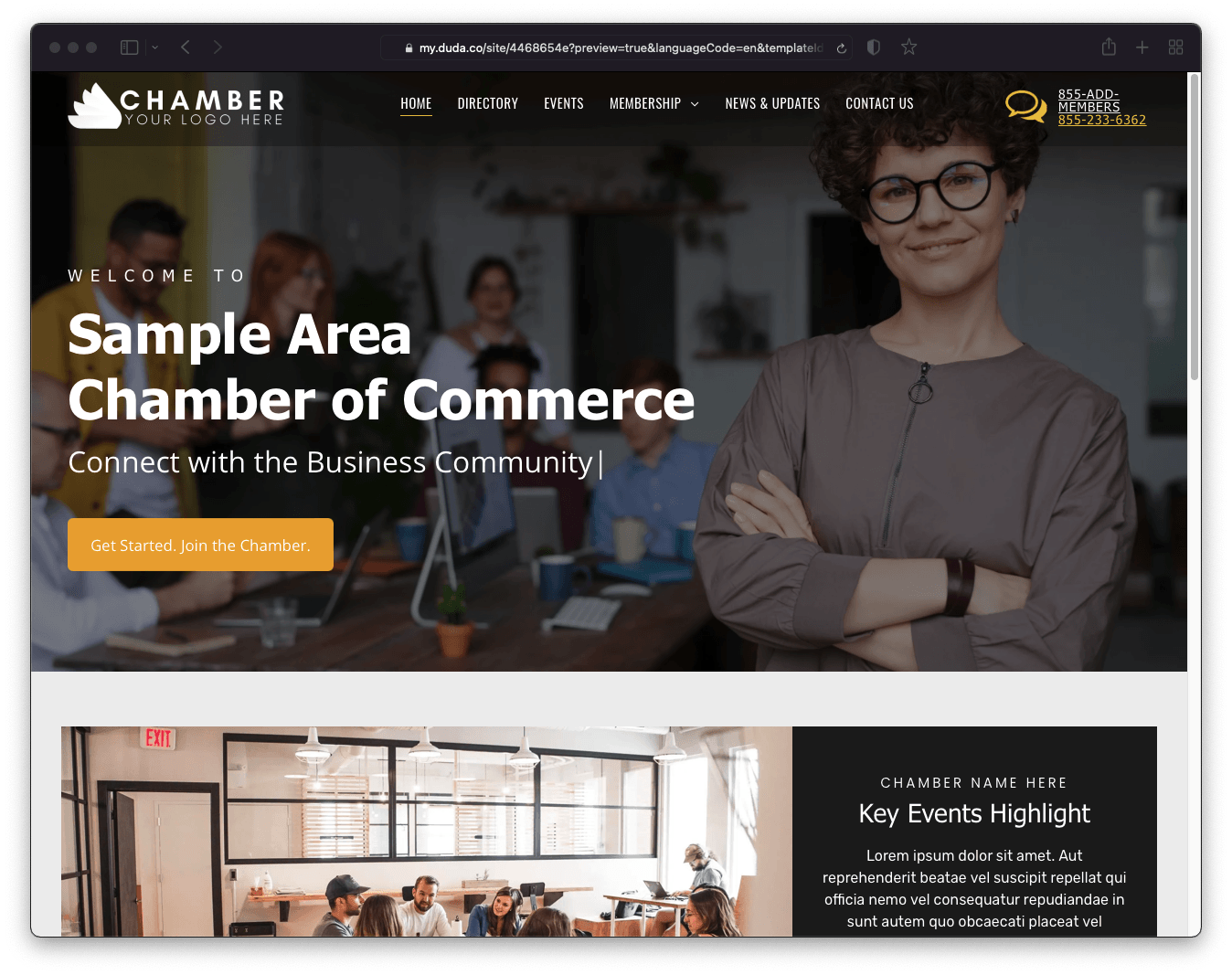 A sample area chamber of commerce website shows a woman standing in front of a group of people.