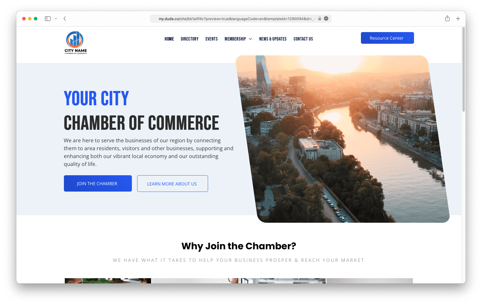 A screenshot of the website for the city chamber of commerce