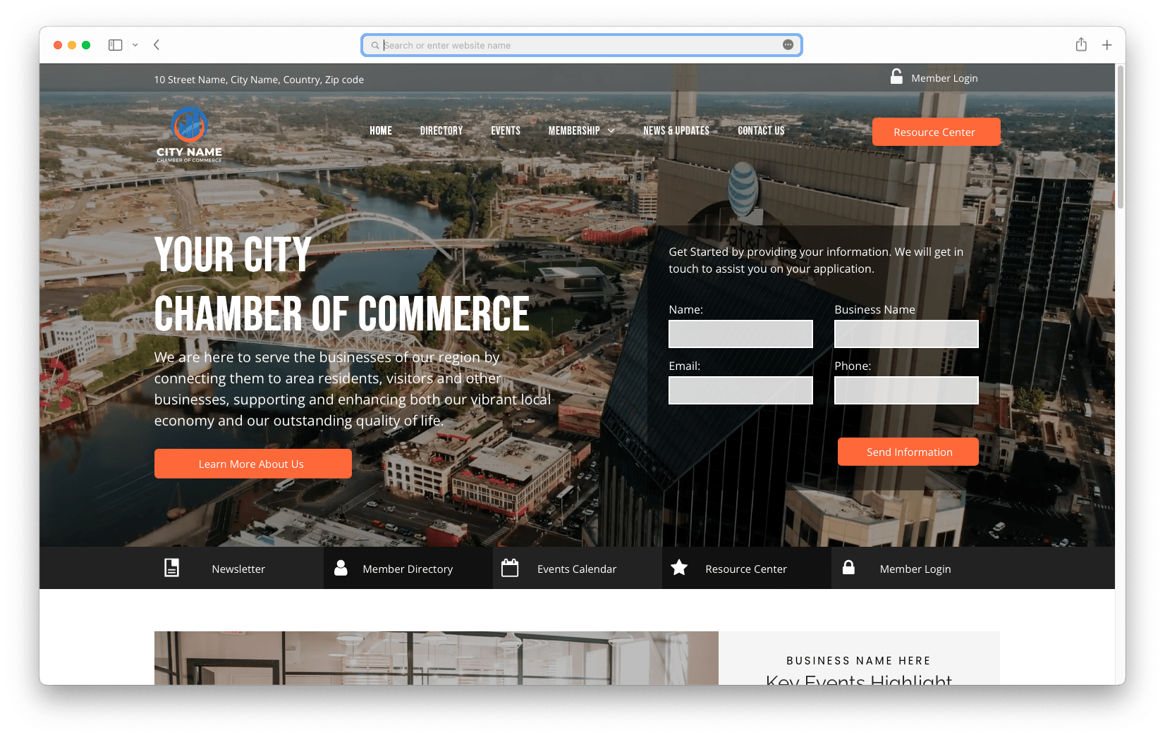 A screenshot of the website for the city chamber of commerce.