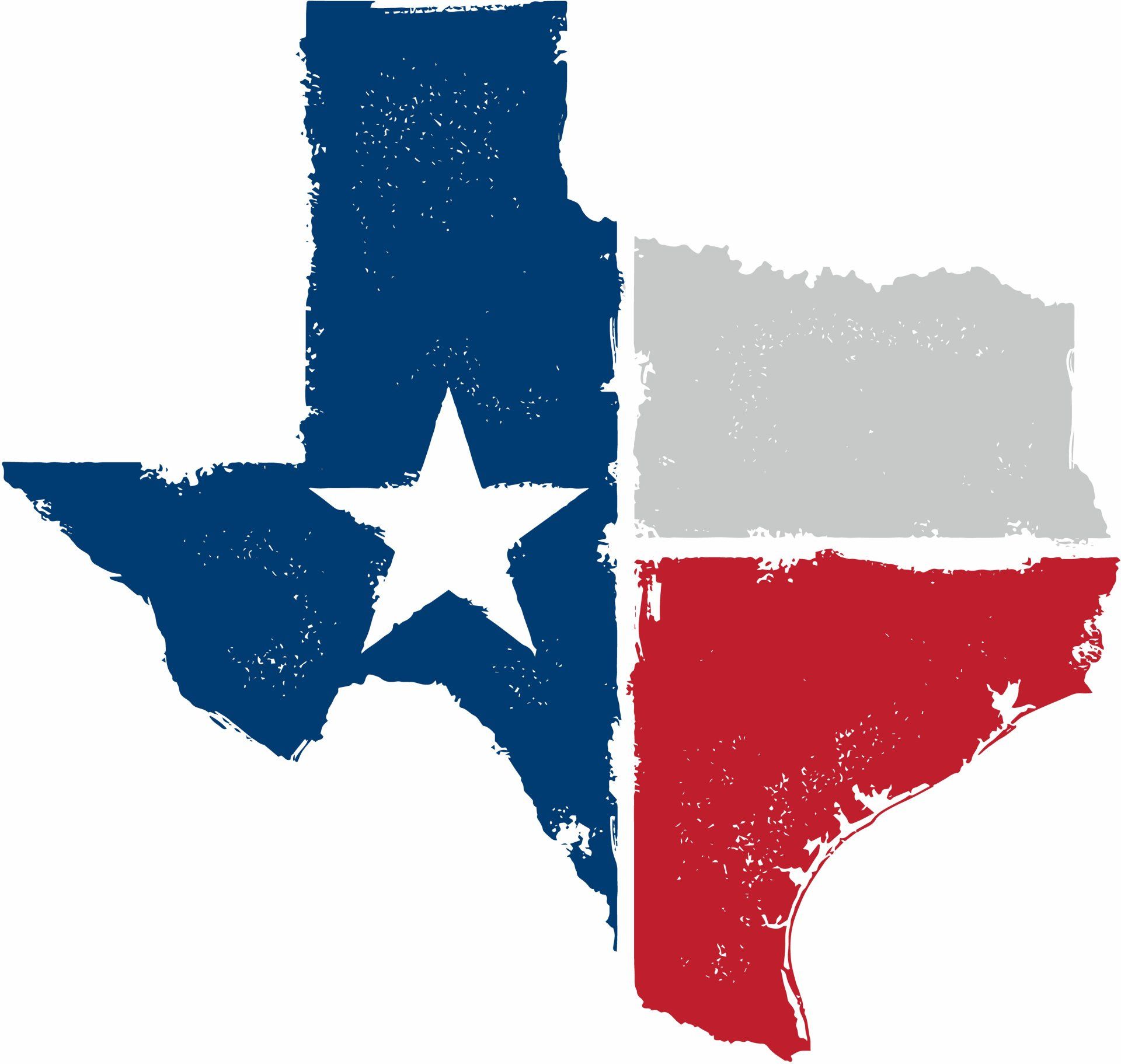 A map of texas with a red white and blue star