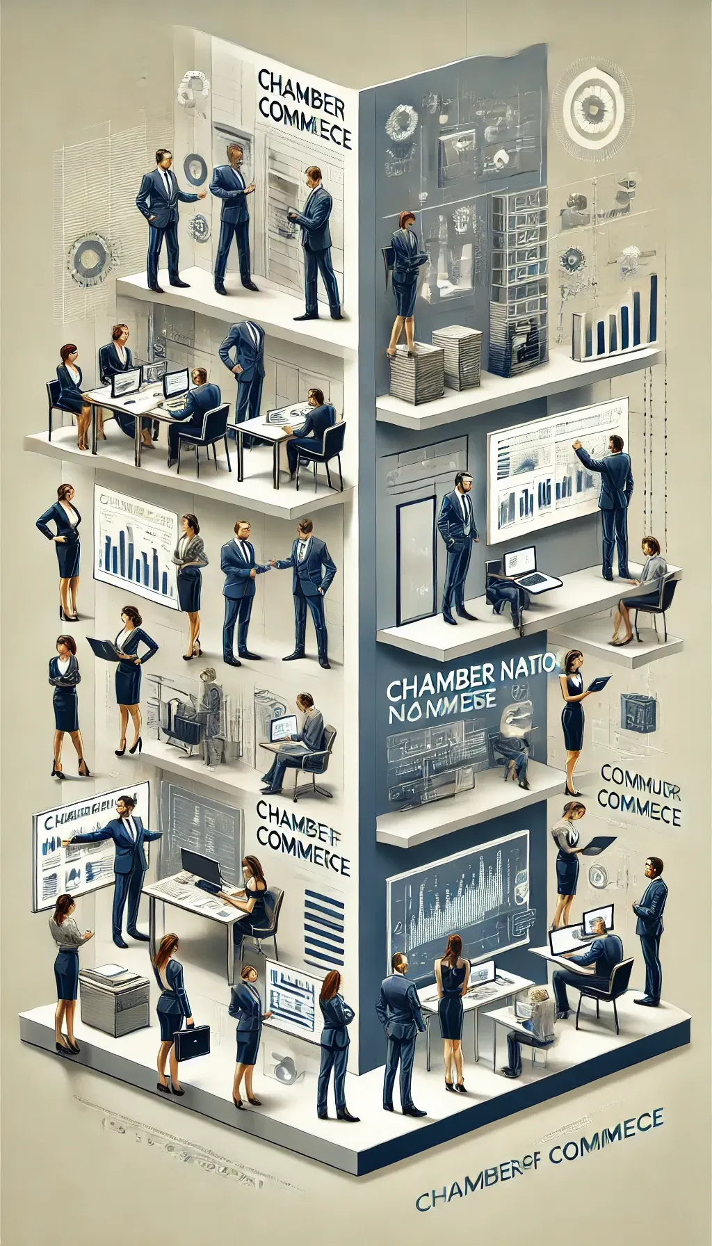 An isometric illustration of a business building with a lot of people working in it.