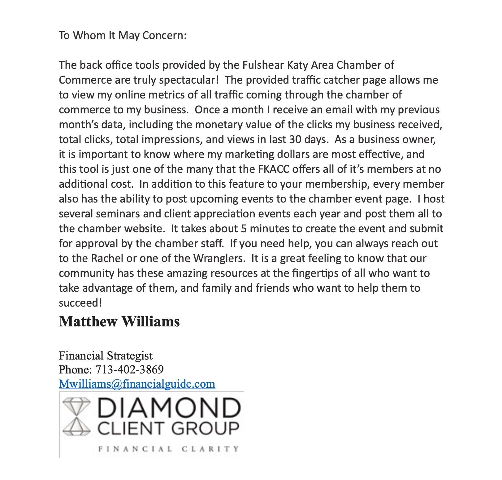 A letter from matthew williams from the diamond client group