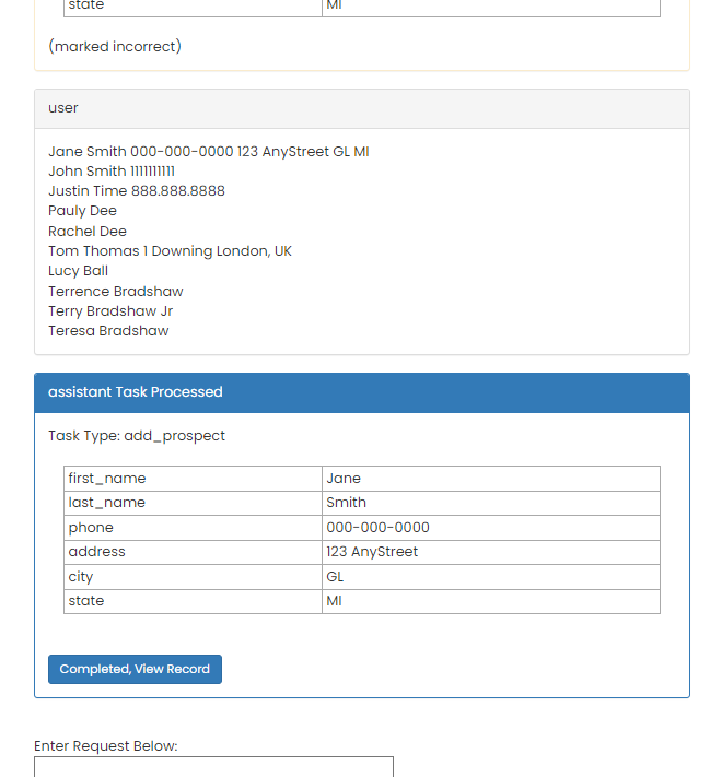 A screenshot of a web page that says assistant task processed