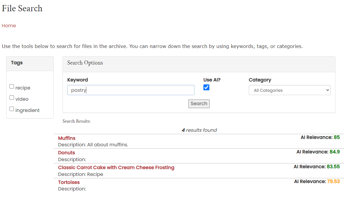 A screenshot of a file search page on a website.