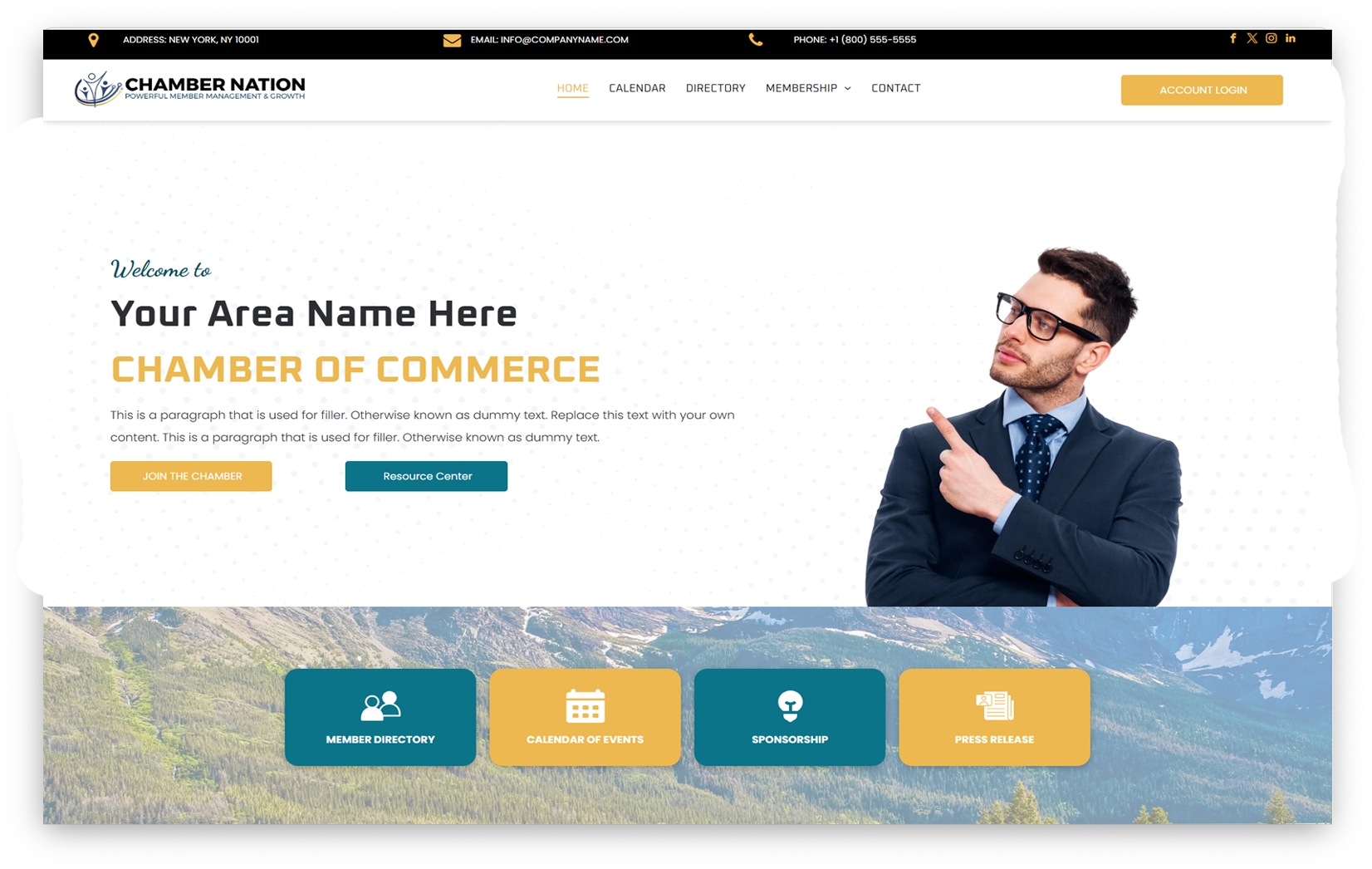 A man in a suit and tie is pointing at something on a website.