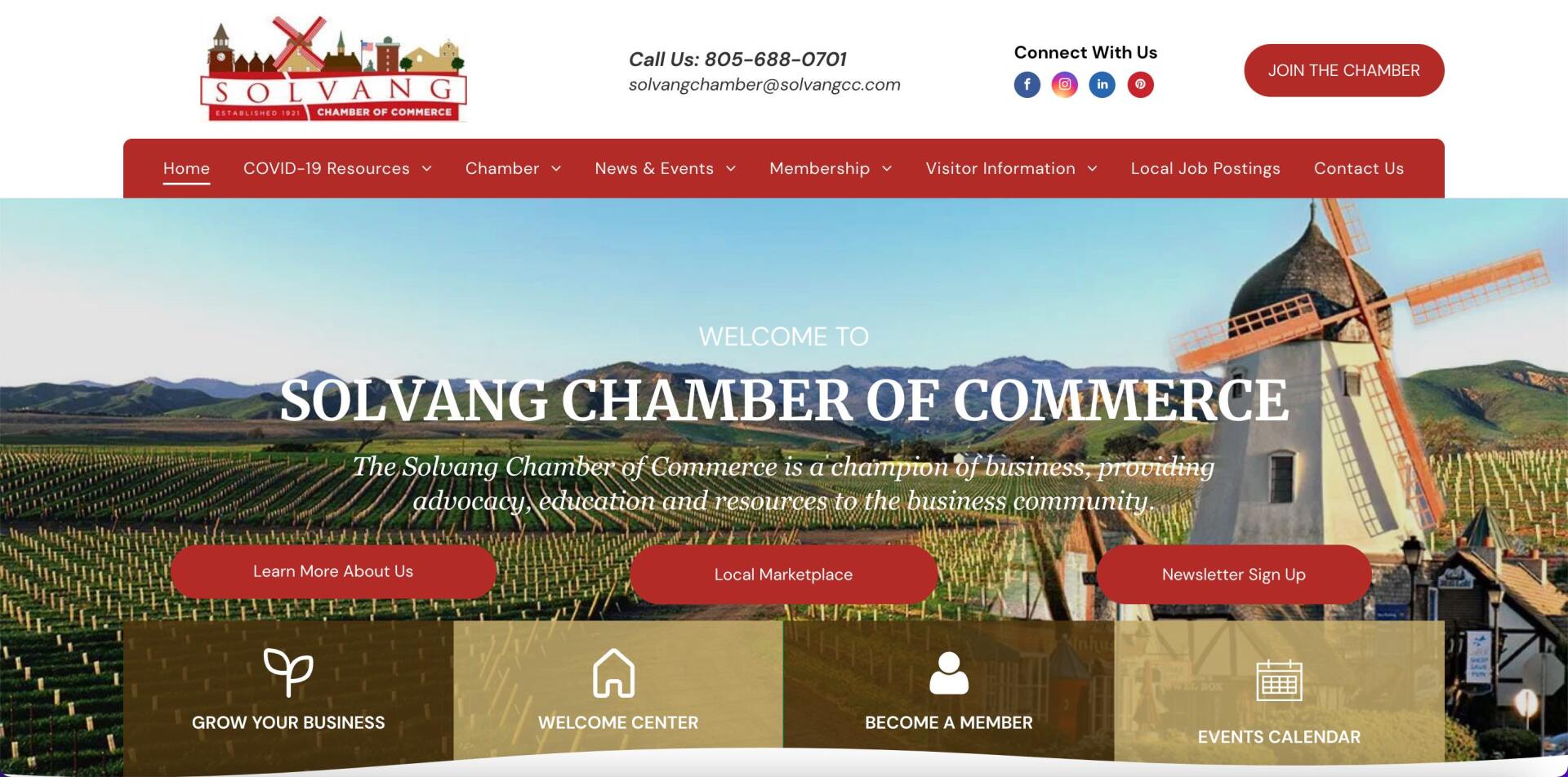 The homepage of the solvang chamber of commerce website