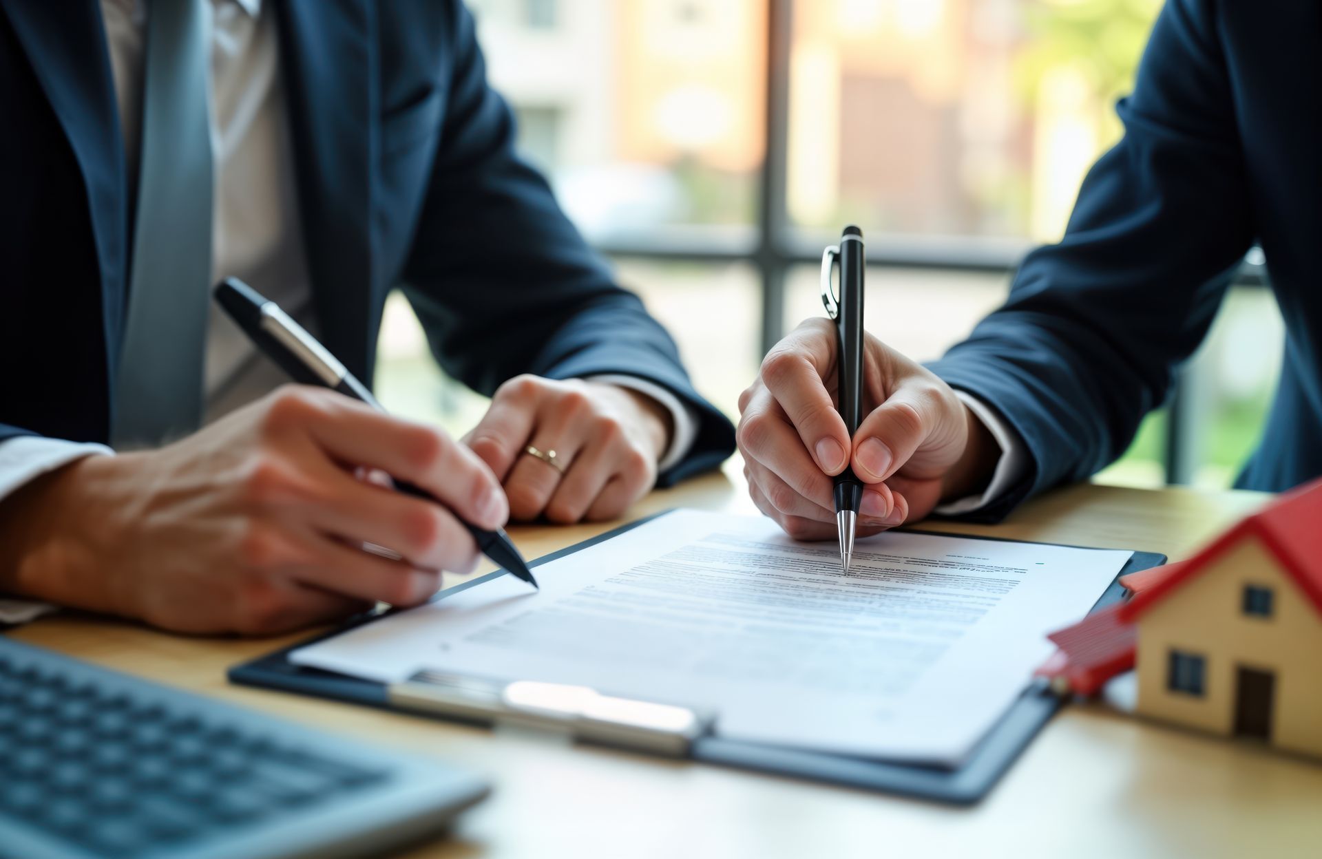 Two people in suits signing a contract on a desk with a toy house.
