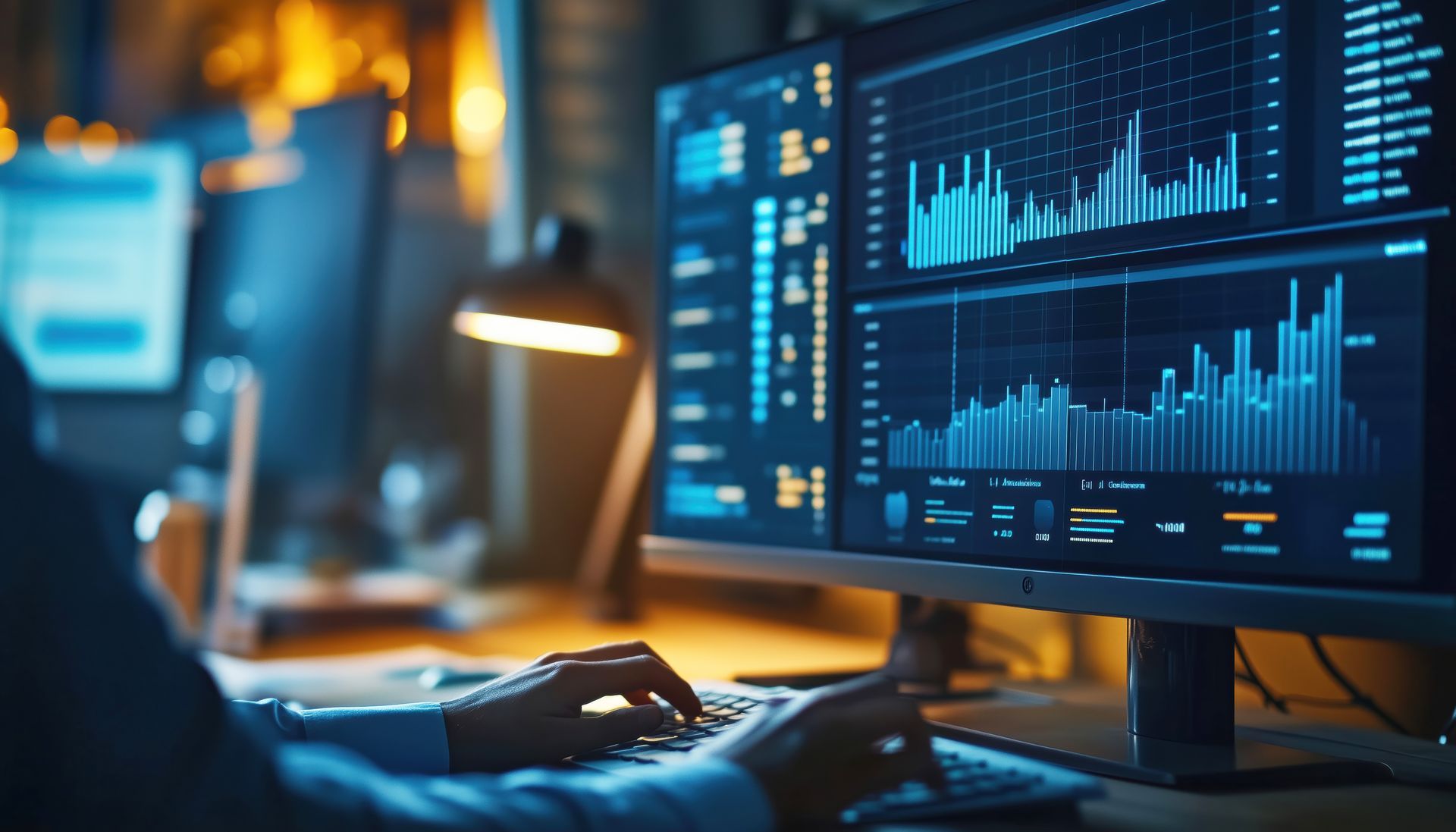 Person analyzing data on computer monitors in a dimly lit room. Graphs and charts displayed.