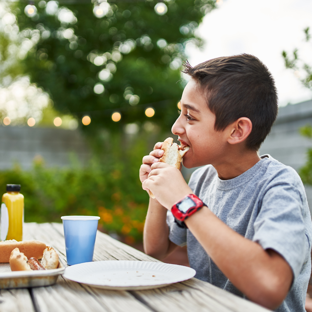A young boy is eating a hot dog at a picnic table