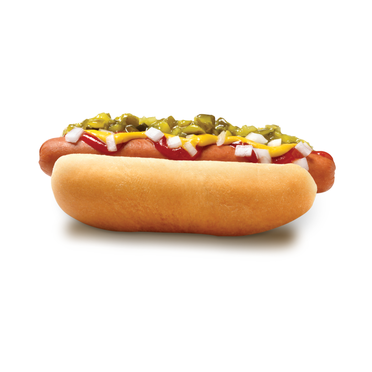 A hot dog with ketchup mustard and pickles on a bun