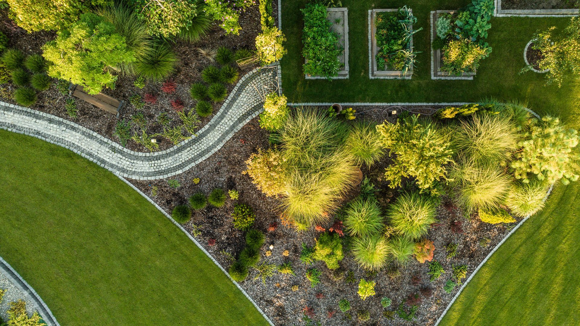 An aerial view of a lush green garden with trees and bushes.