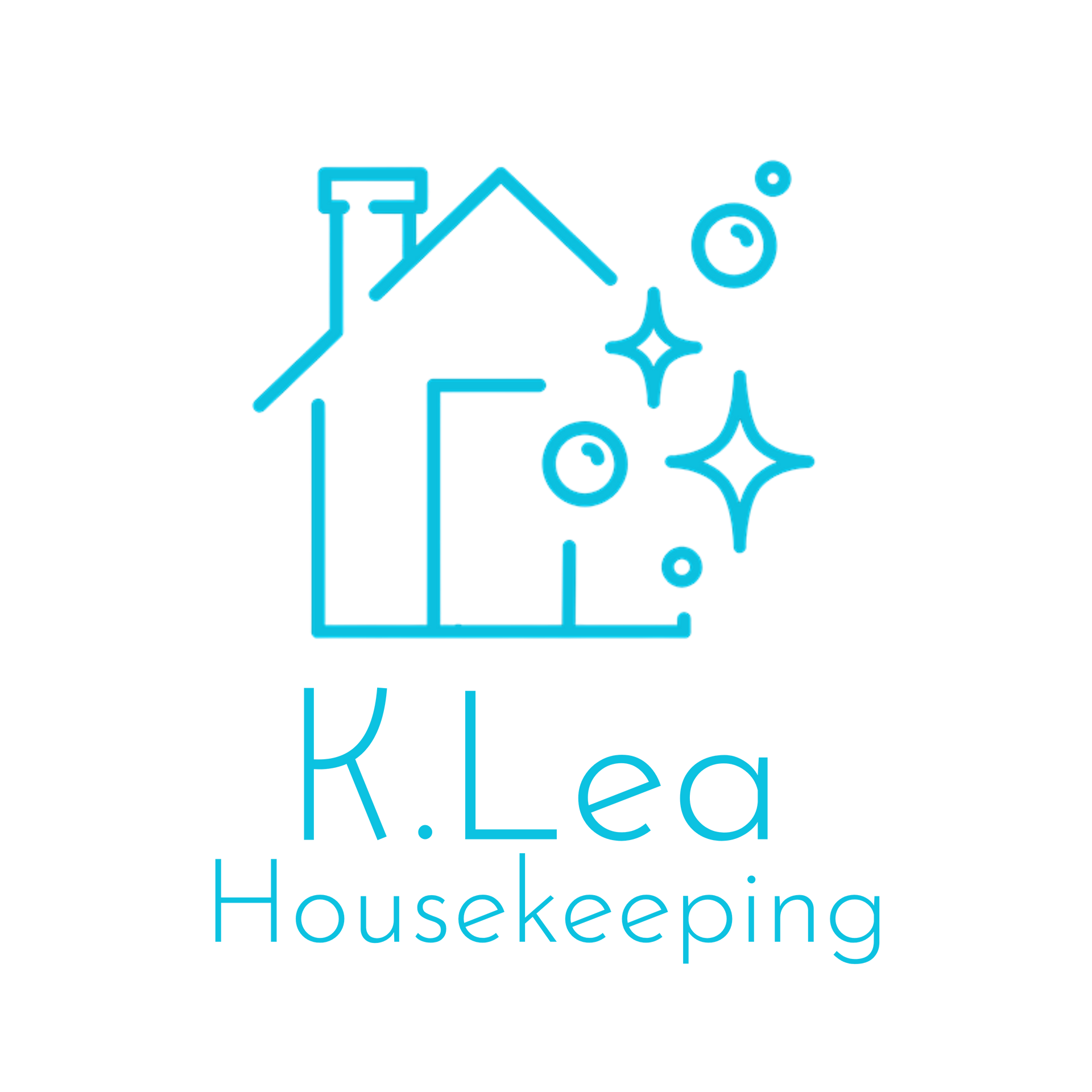 Turquoise logo of a house with bubbles and stars, labeled “K.Lea Housekeeping”