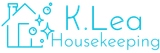 Turquoise K.Lea Housekeeping logo with a house, sparkles, and a cleaning figure icon