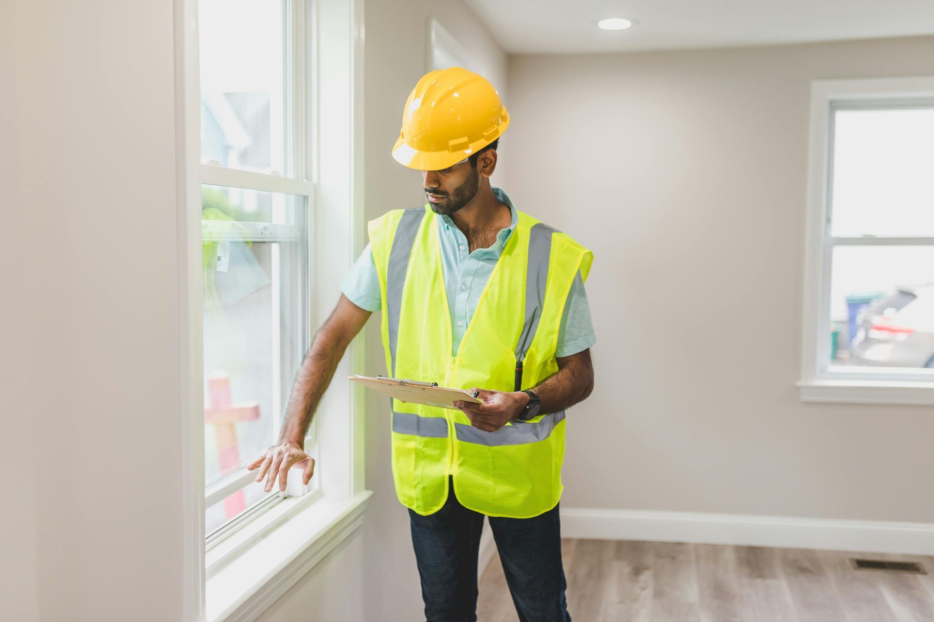 Worker in a hard hat and safety vest inspecting a window in a bright room.
