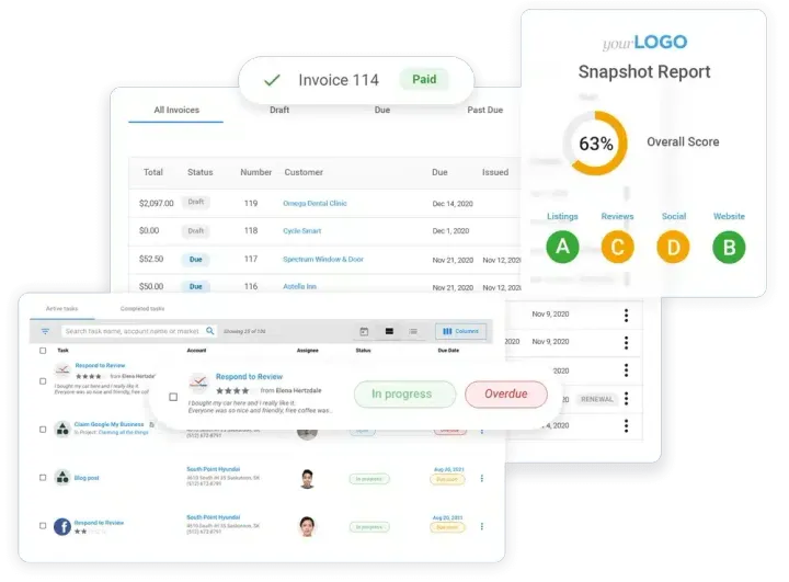 Screenshots of financial and project management dashboards with data tables, charts, and status indicators.