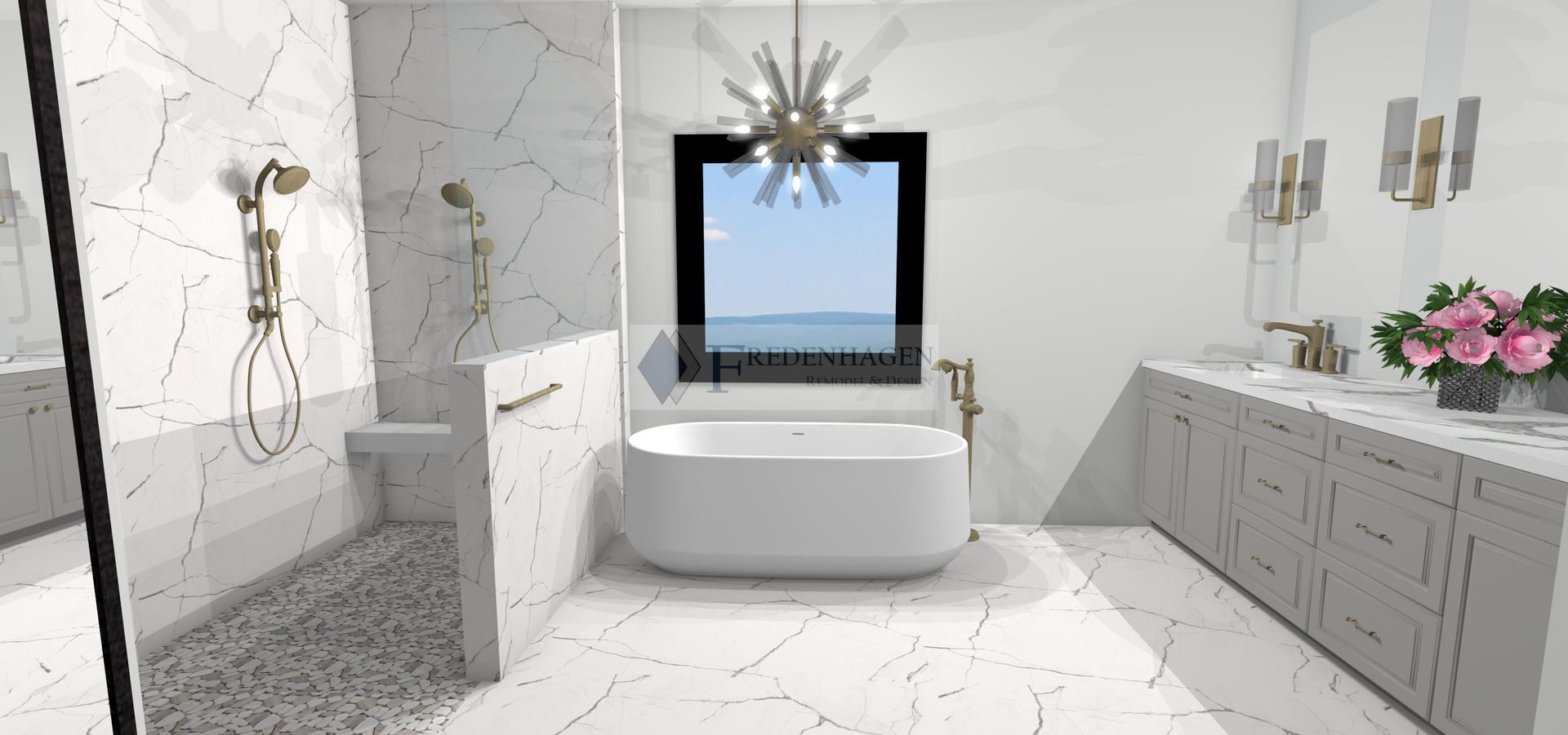 A bathroom with a bathtub , sink , shower and window.