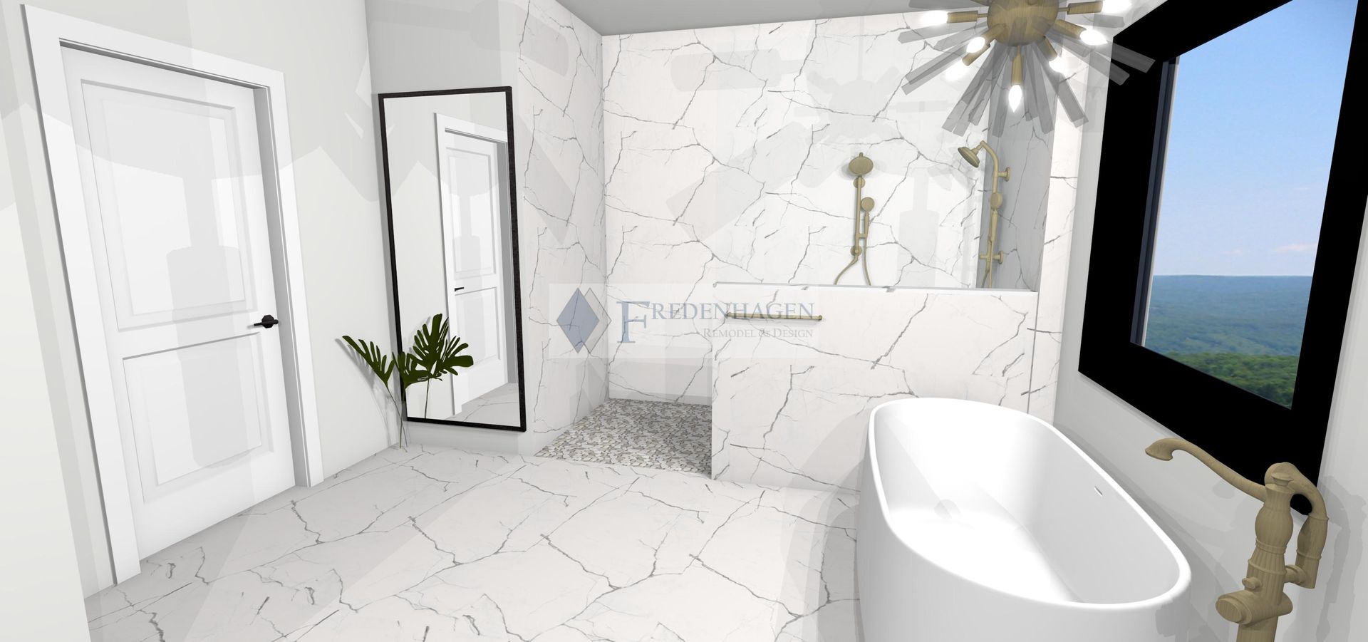 A bathroom with a tub , mirror , and window.