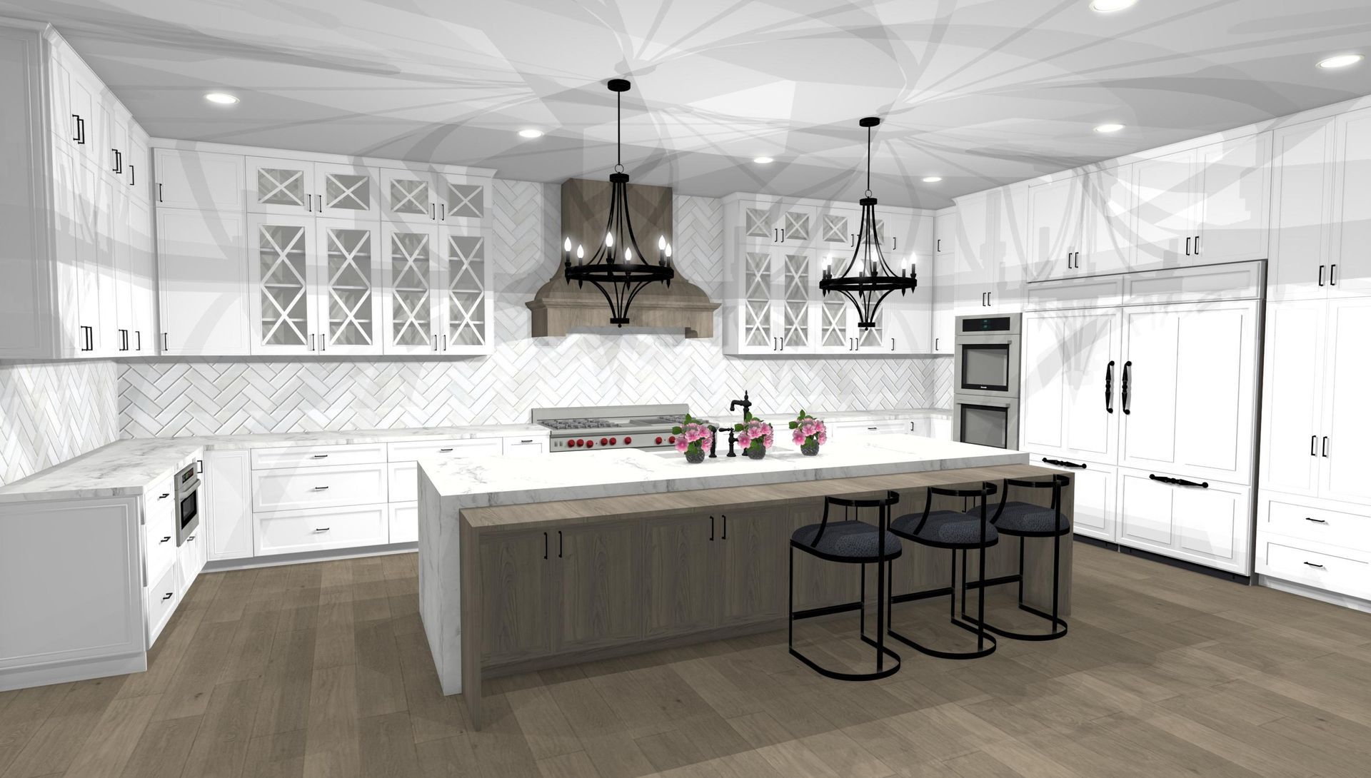A computer generated image of a kitchen with white cabinets and a large island.