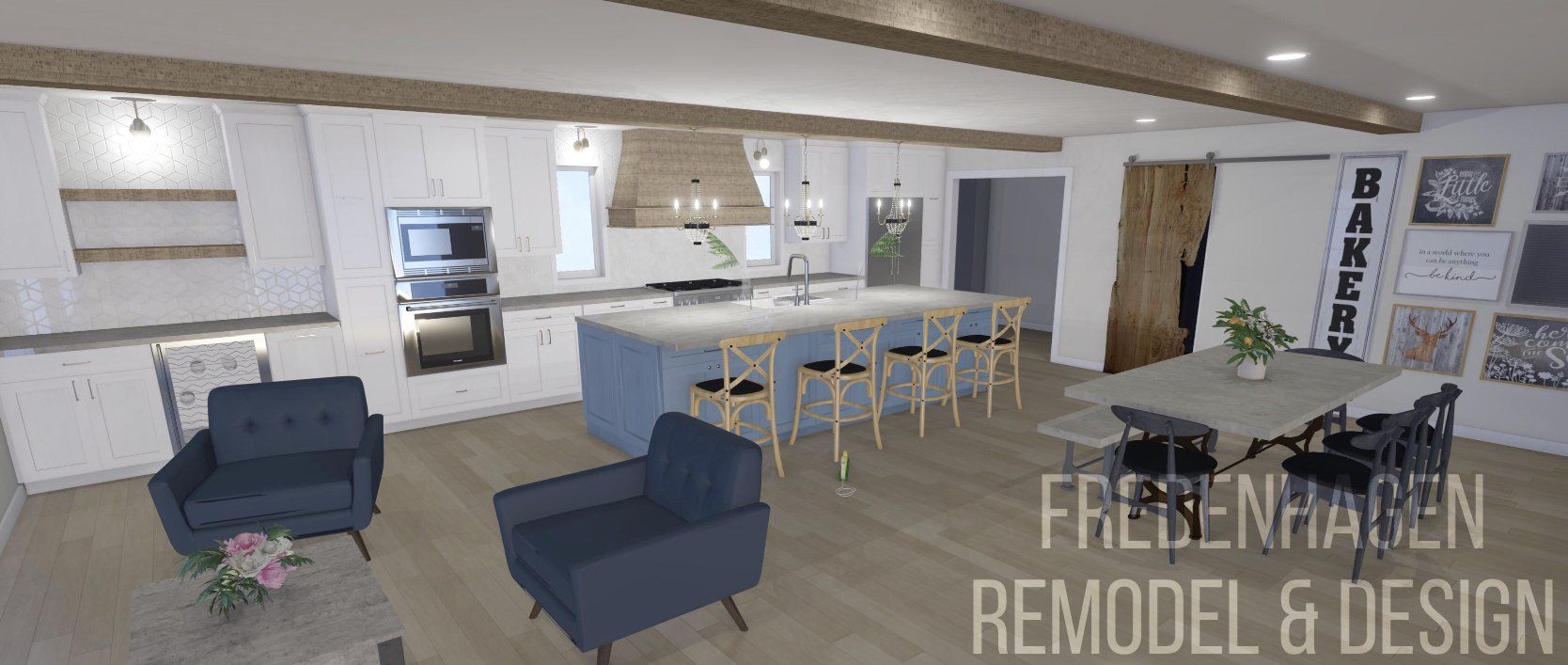 A living room with a kitchen , dining room , and chairs.