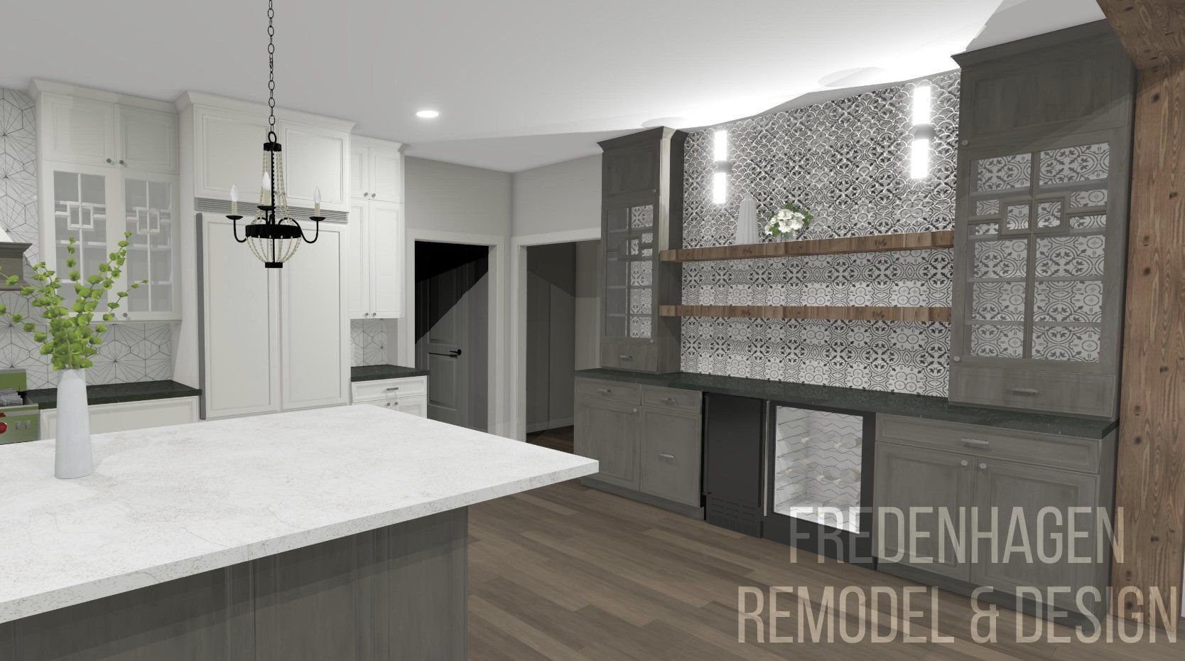 A 3d rendering of a kitchen with white cabinets and a large island.