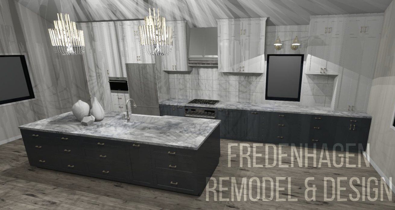 A black and white photo of a kitchen with a large island in the middle.