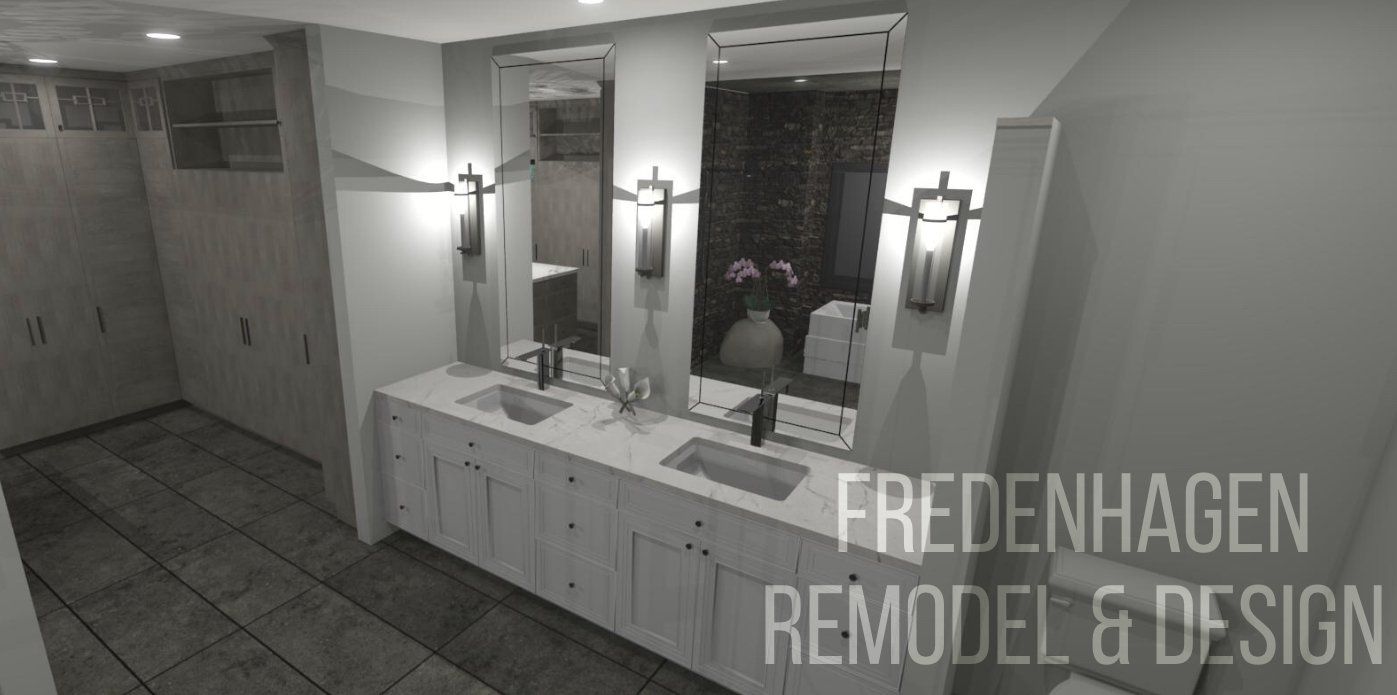 A black and white photo of a bathroom remodel by fredenhagen remodel & design