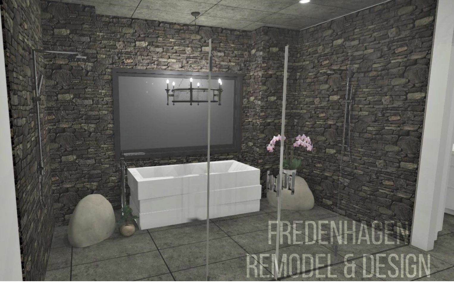 A bathroom with a bathtub and a television on the wall.