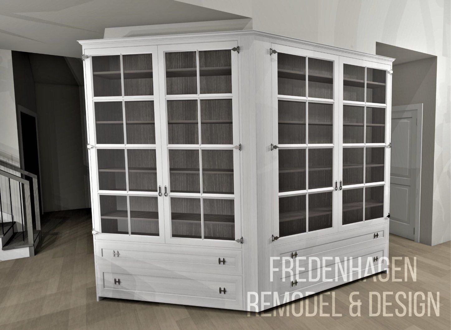 A large white bookcase with the words fredenhagen remodel & design on the bottom