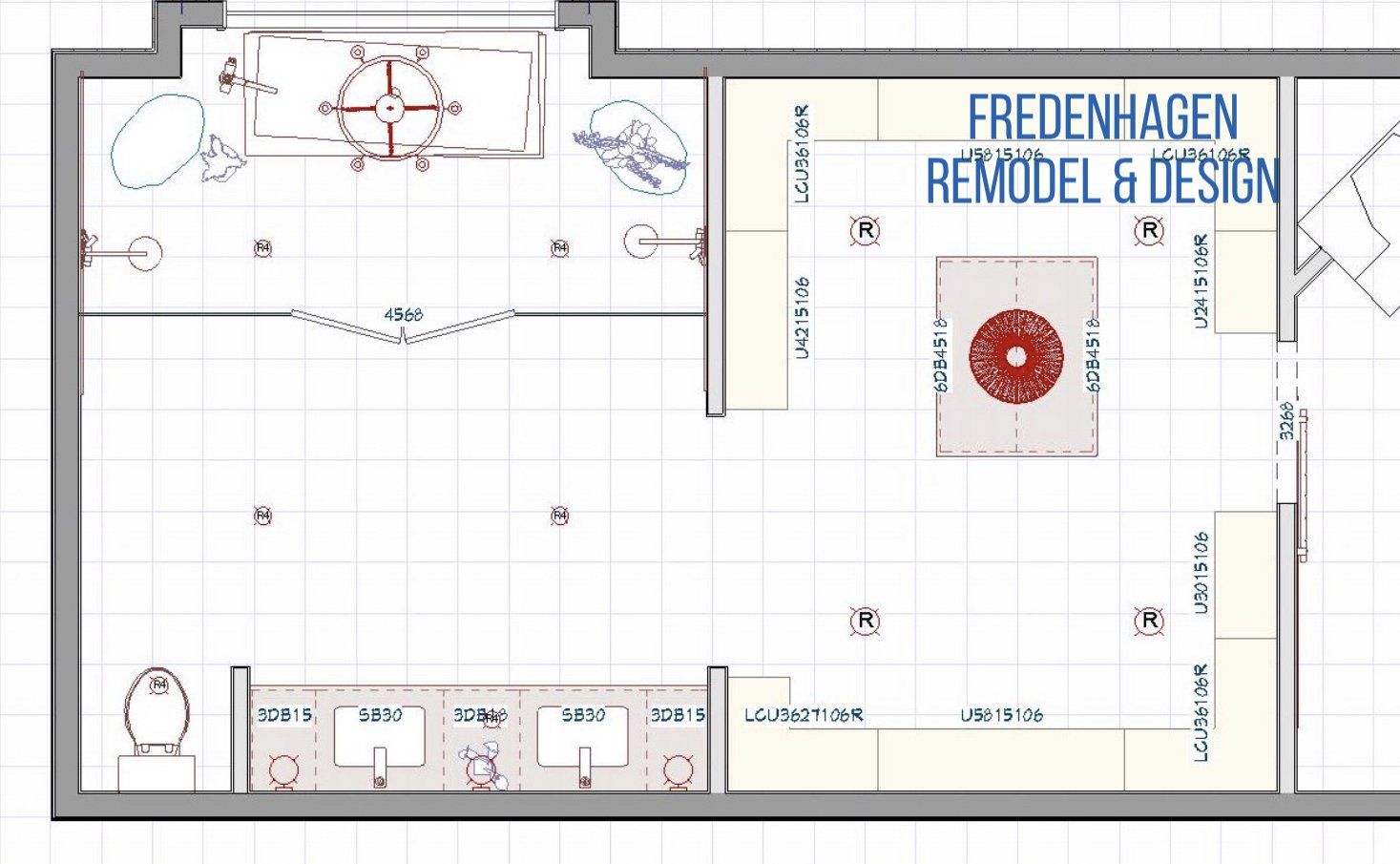 A floor plan of a room with the words fredenhagen remodel & design on it.