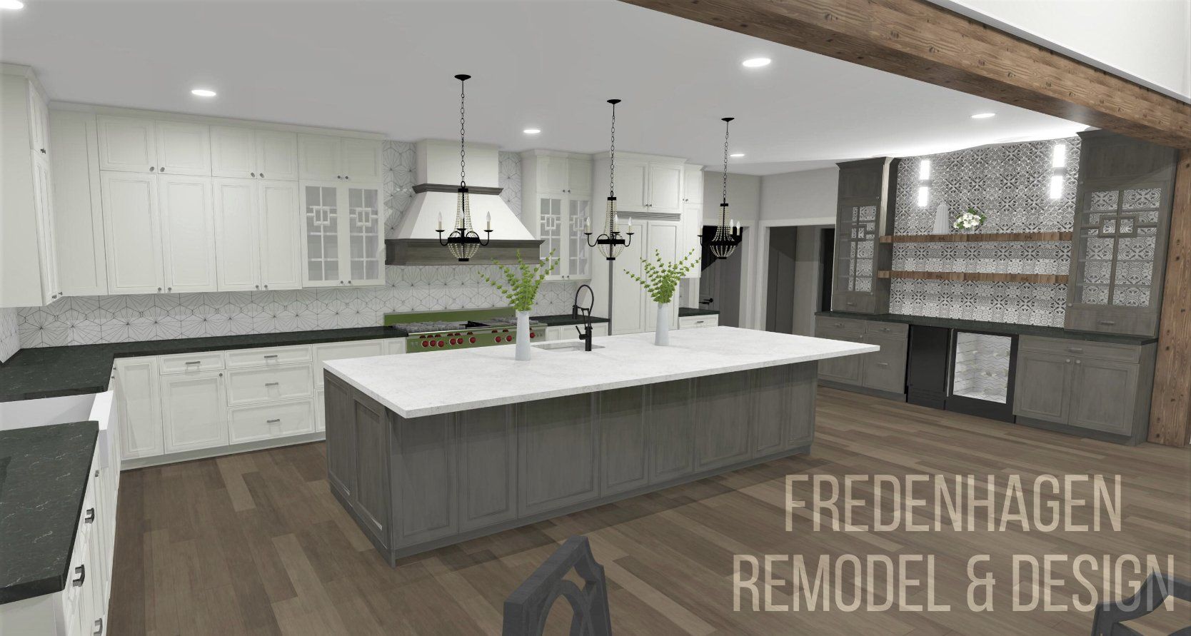 A computer generated image of a kitchen with a large island in the middle.