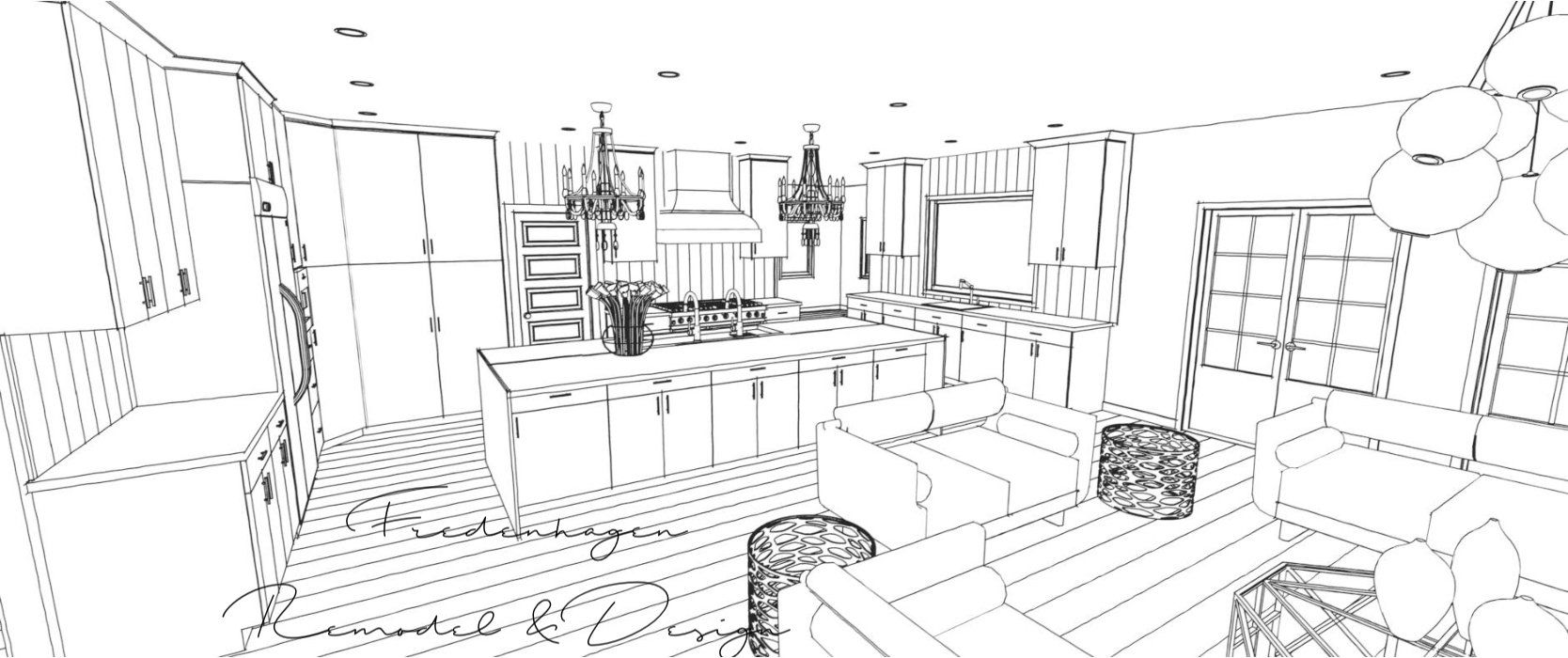 A black and white drawing of a living room with furniture.