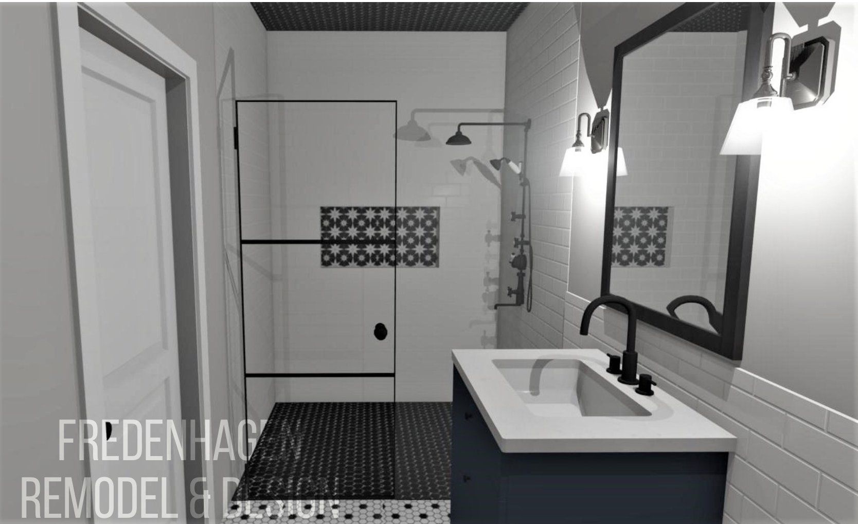 A black and white photo of a bathroom with a sink , mirror and shower.