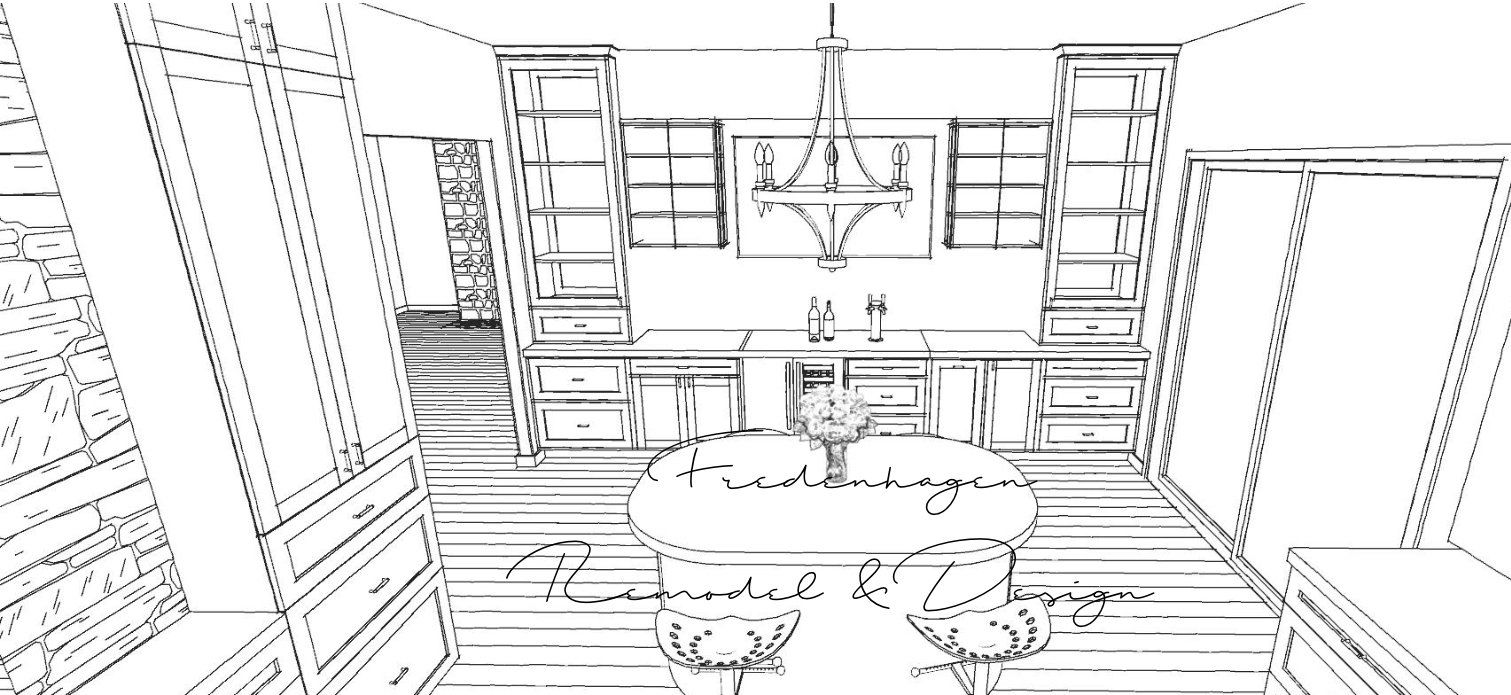 A black and white drawing of a living room with a table and chairs.