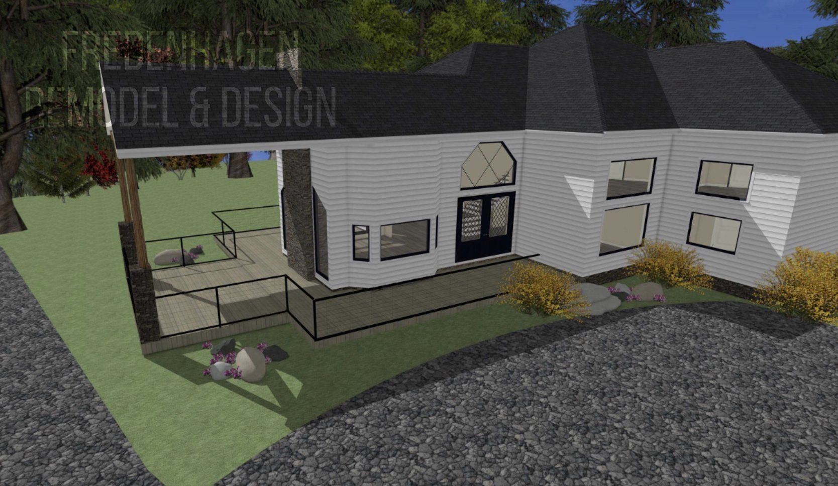 A computer generated image of a white house with a black roof