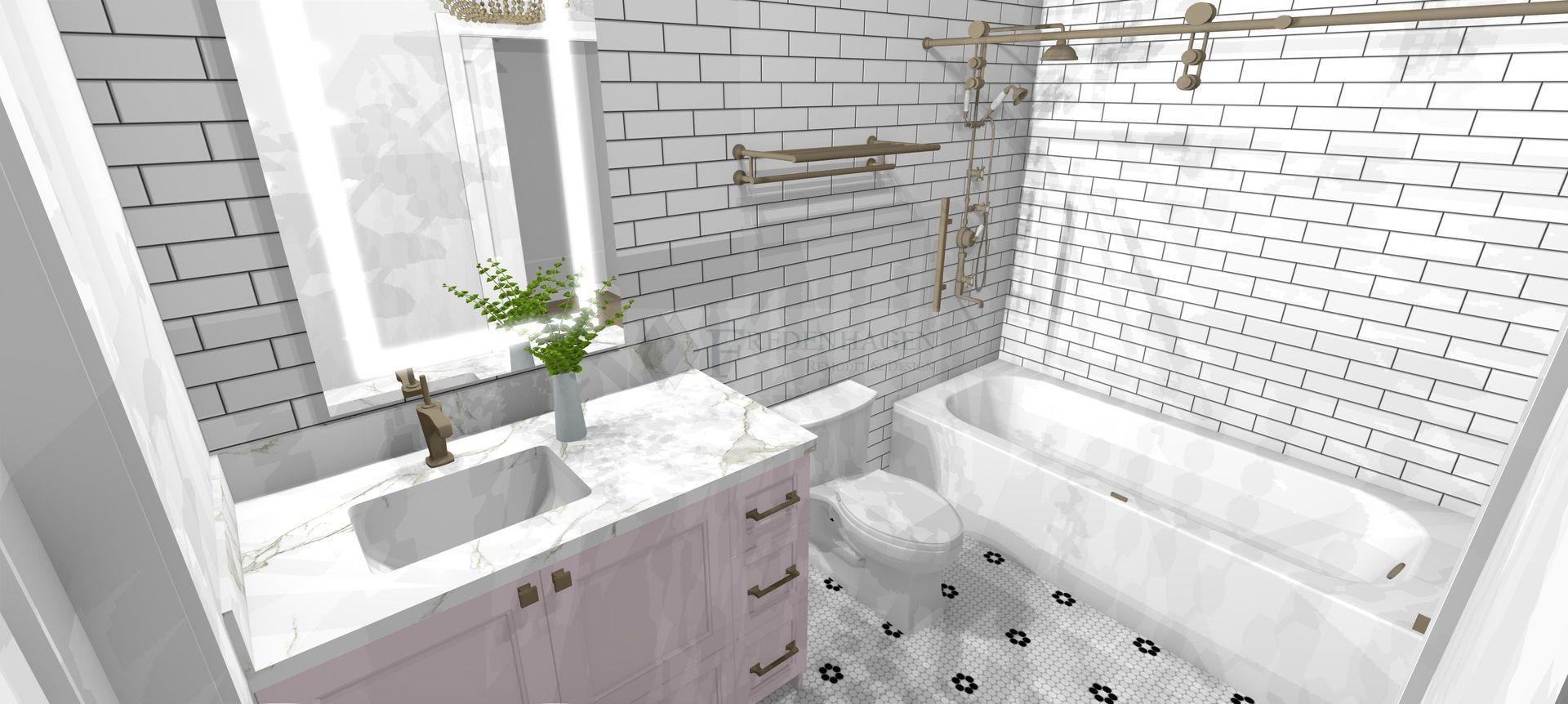 A bathroom with white brick walls , a sink , and a bathtub.