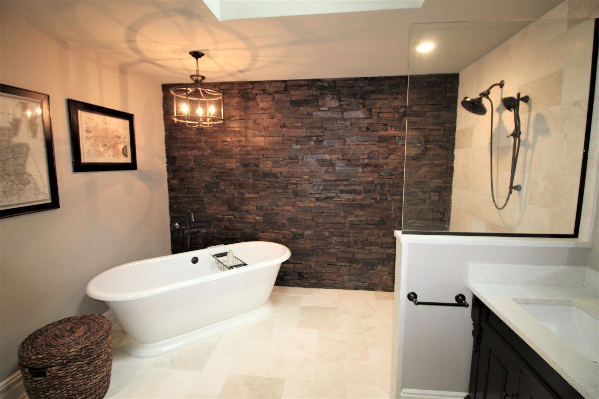 A bathroom with a bathtub and a walk in shower.
