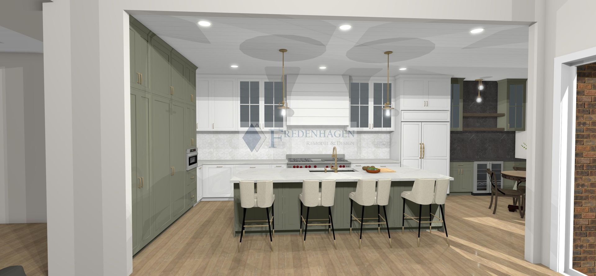 A computer generated image of a kitchen with white cabinets and a large island.
