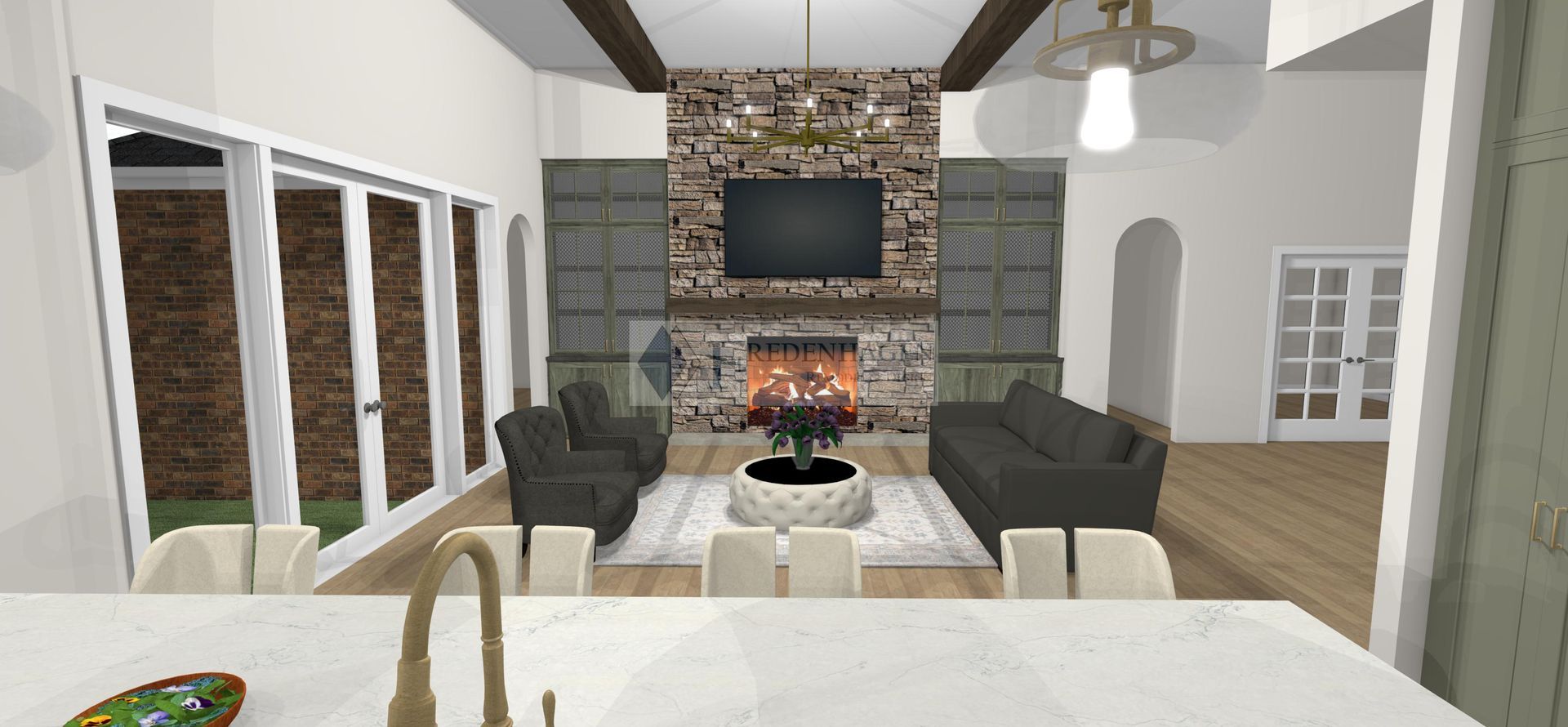 A living room with a fireplace and a flat screen tv.