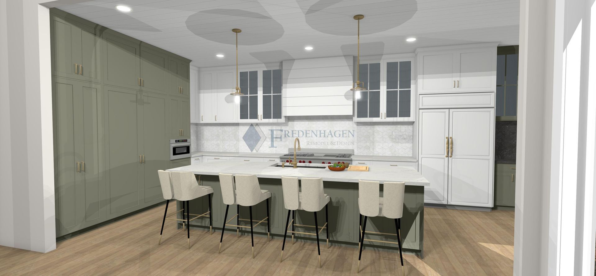 A computer generated image of a kitchen with white cabinets and a large island.