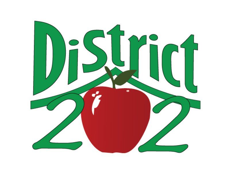 A logo for district 202 with a red apple