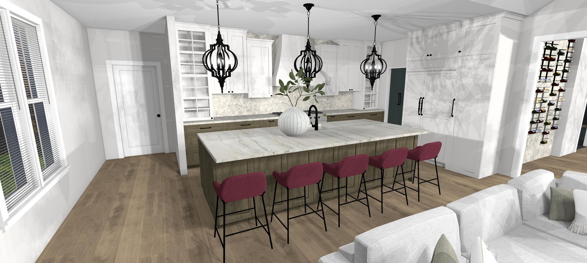 A computer generated image of a living room and kitchen.