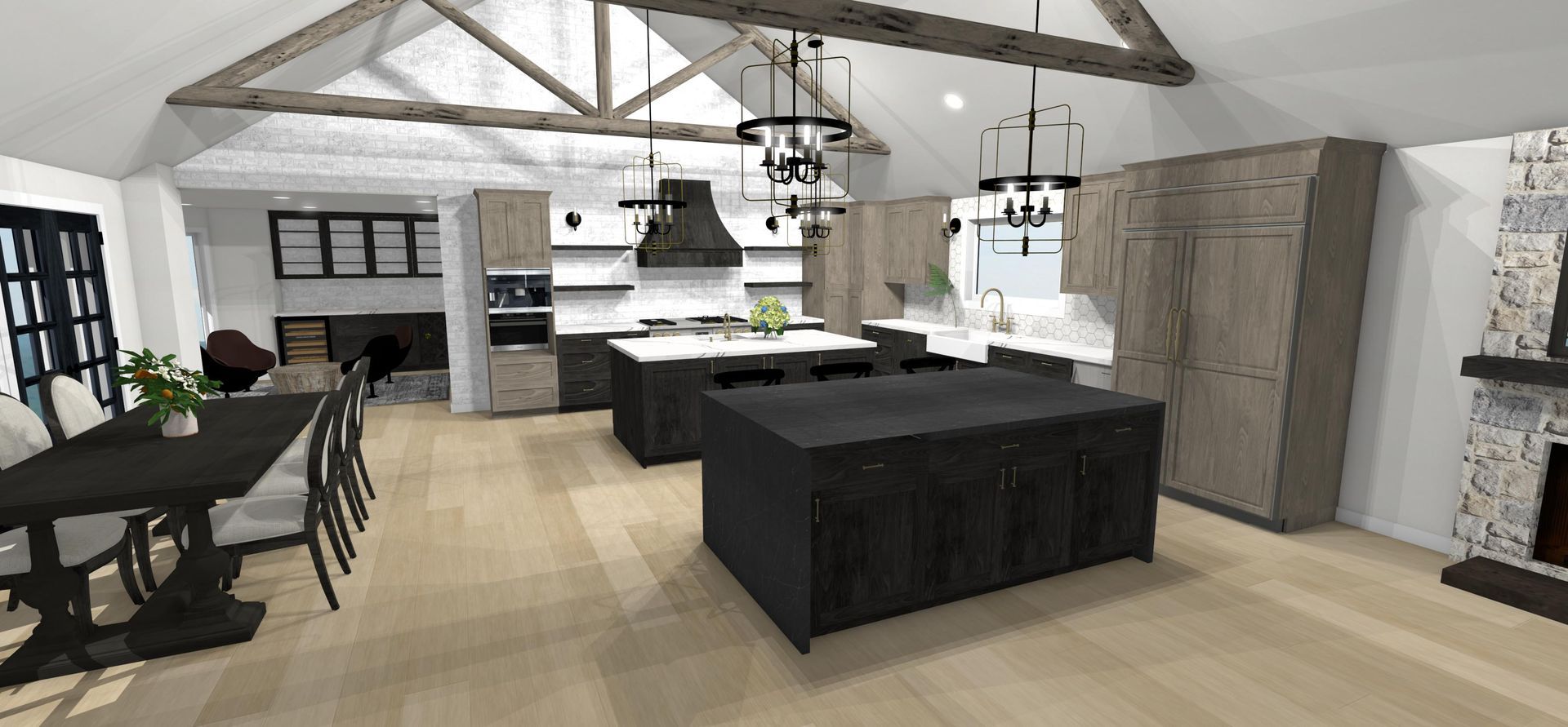 A computer generated image of a kitchen and dining room.