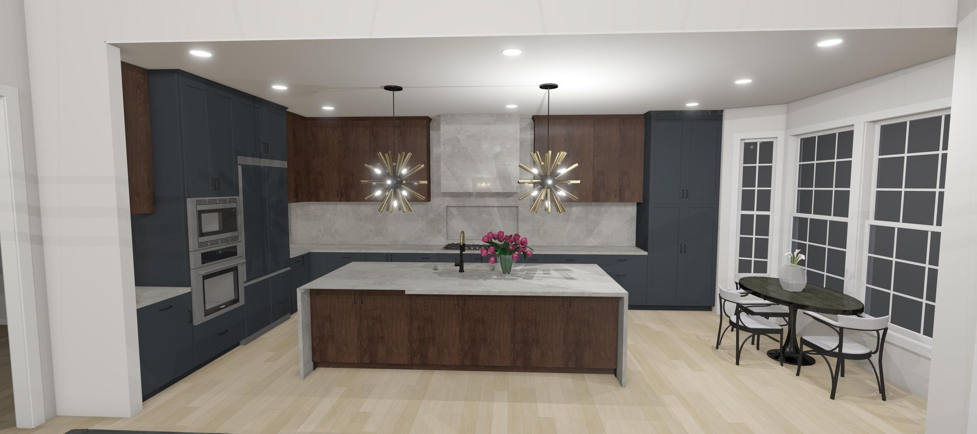 A computer generated image of a kitchen with a large island in the middle.