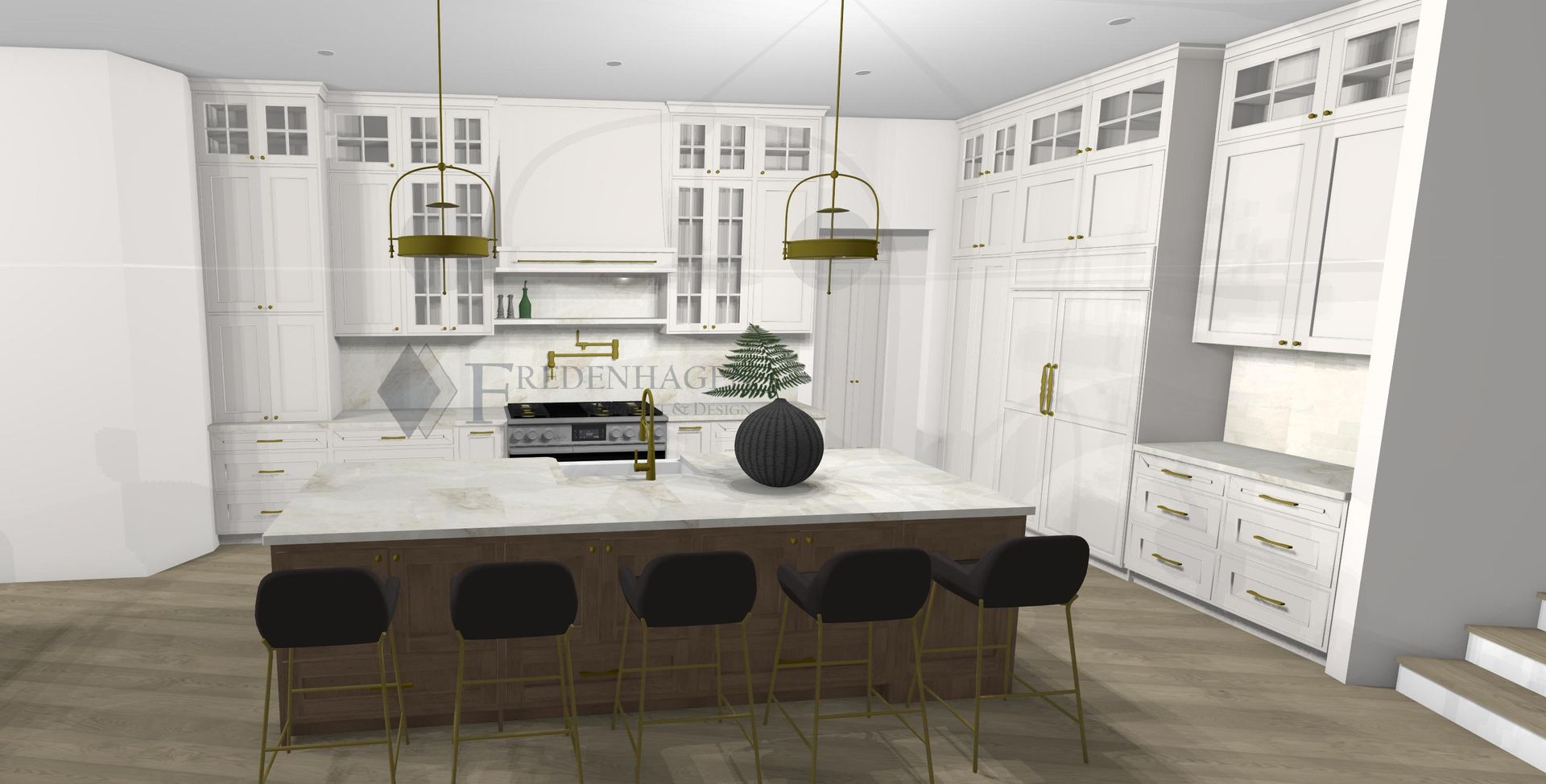A 3d rendering of a kitchen with white cabinets and a large island.