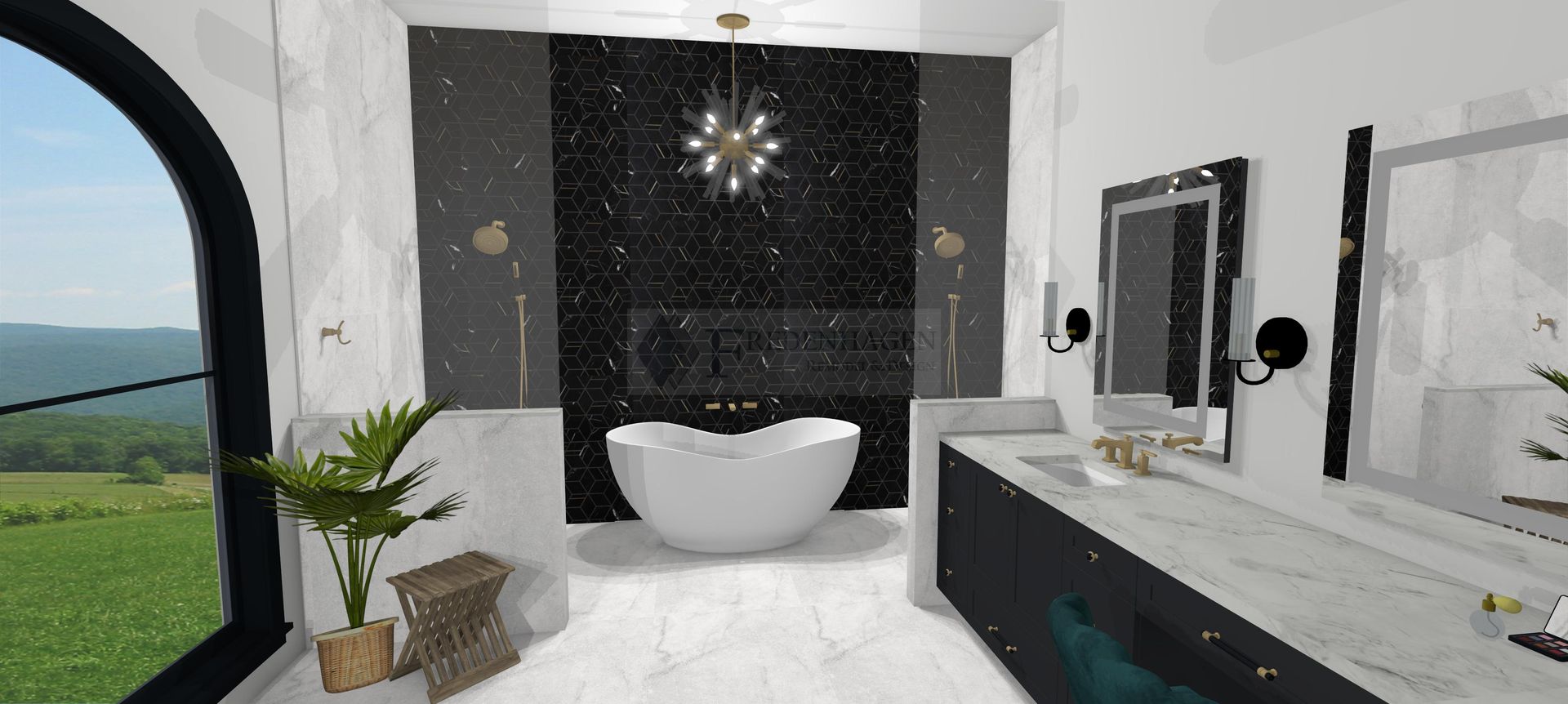 A bathroom with a tub , sink , mirror and window.