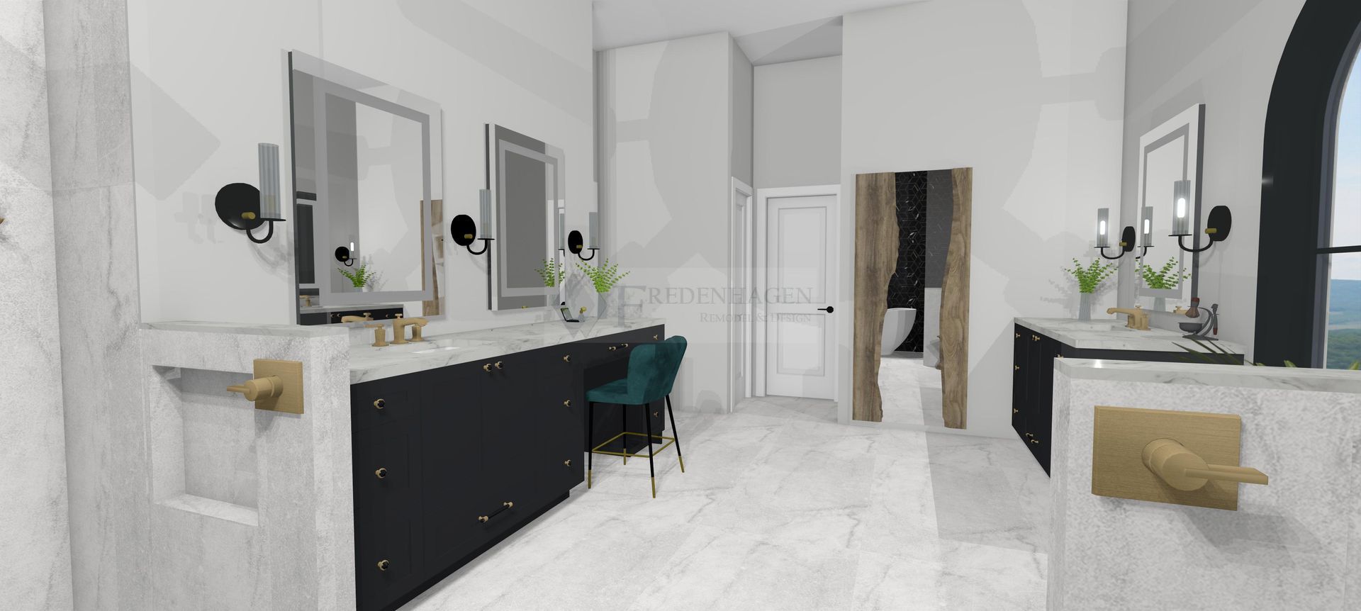 A bathroom with two sinks , two mirrors , a chair and a window.