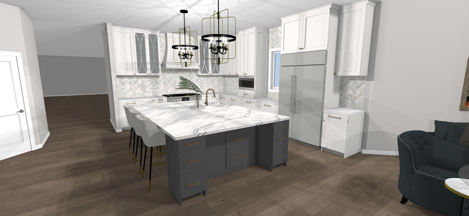 A 3d rendering of a kitchen with white cabinets and a large island.