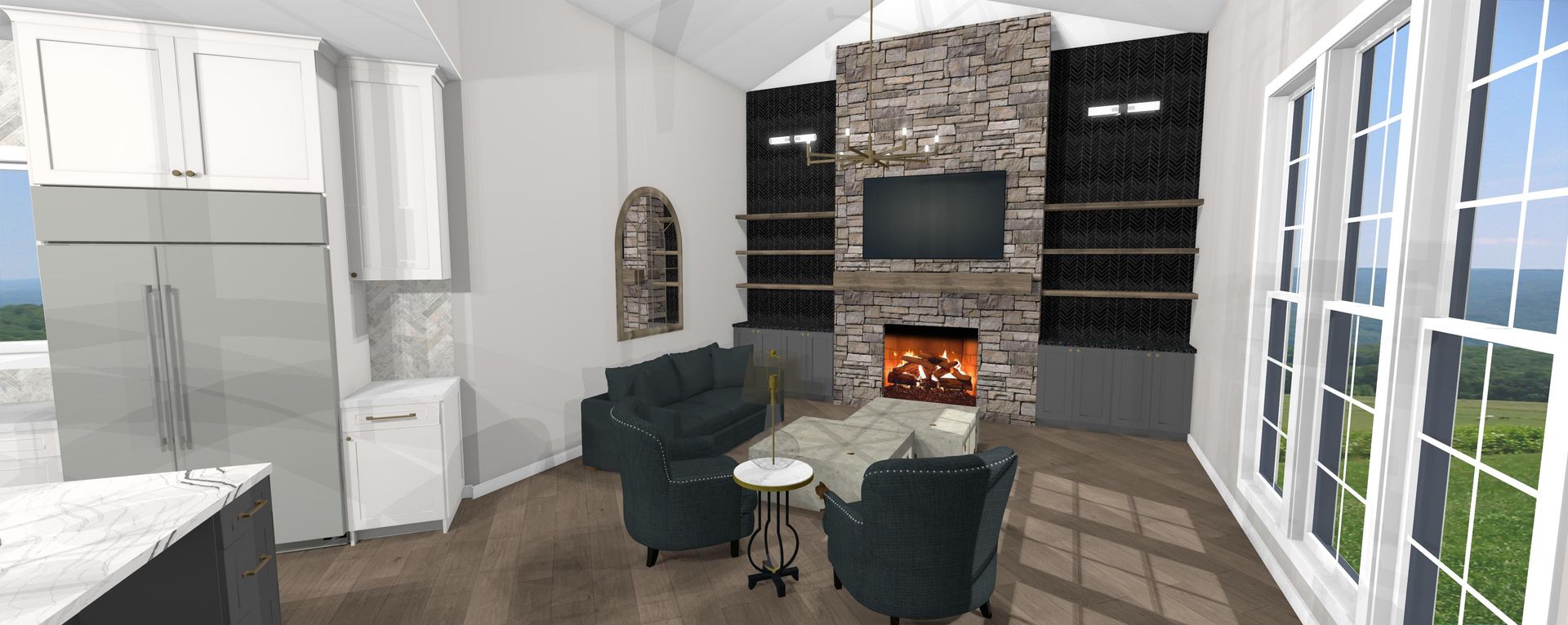 A living room with a fireplace , couch , chairs and television.