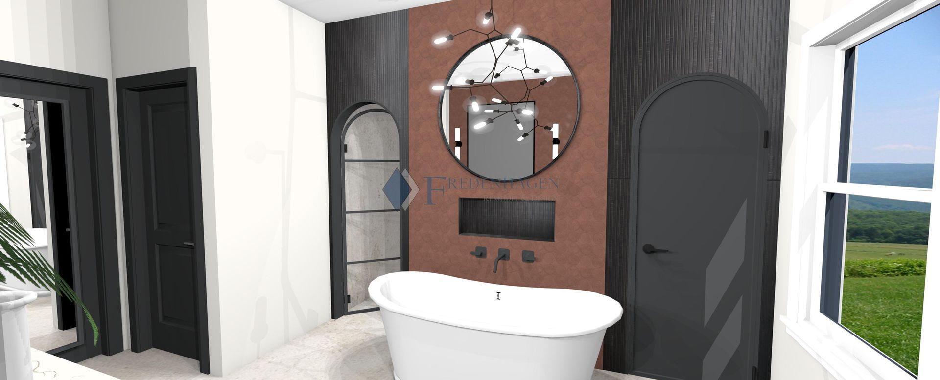 A bathroom with a tub , mirror , and window.